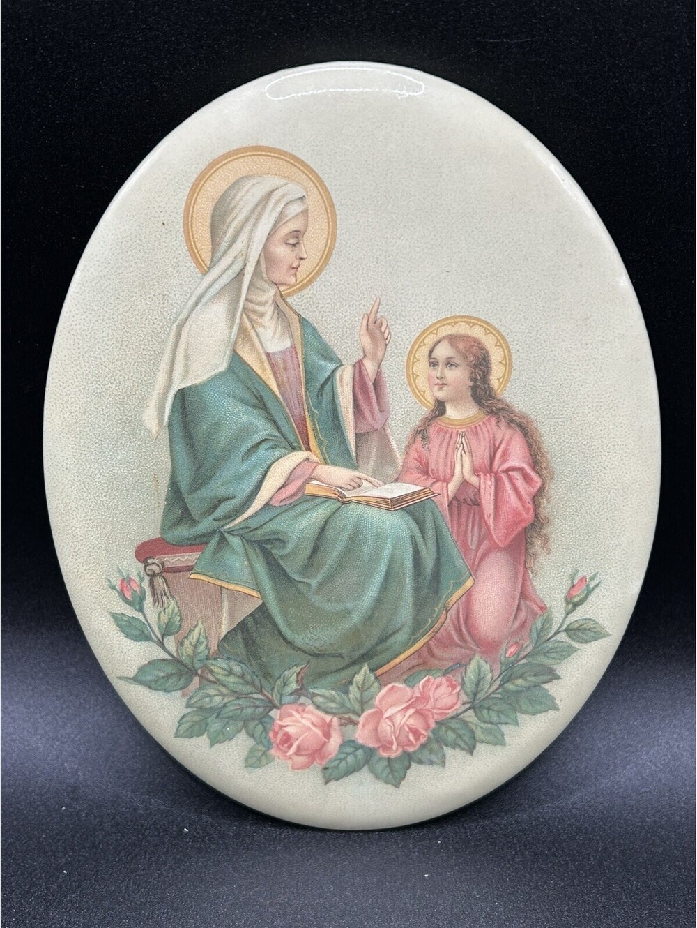 Antique Celluloid Oval Tin Back Button Religious Art Print 1950’s